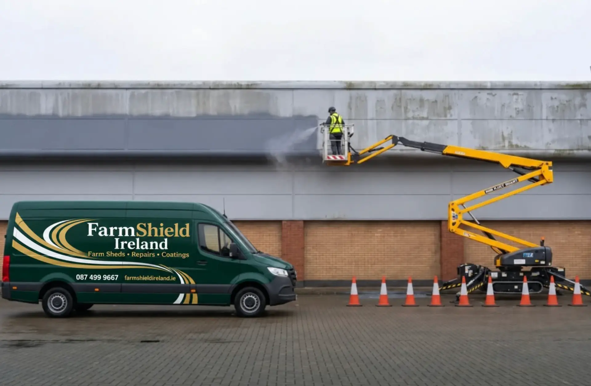 FarmShield Ireland van beside an operative coating a large building