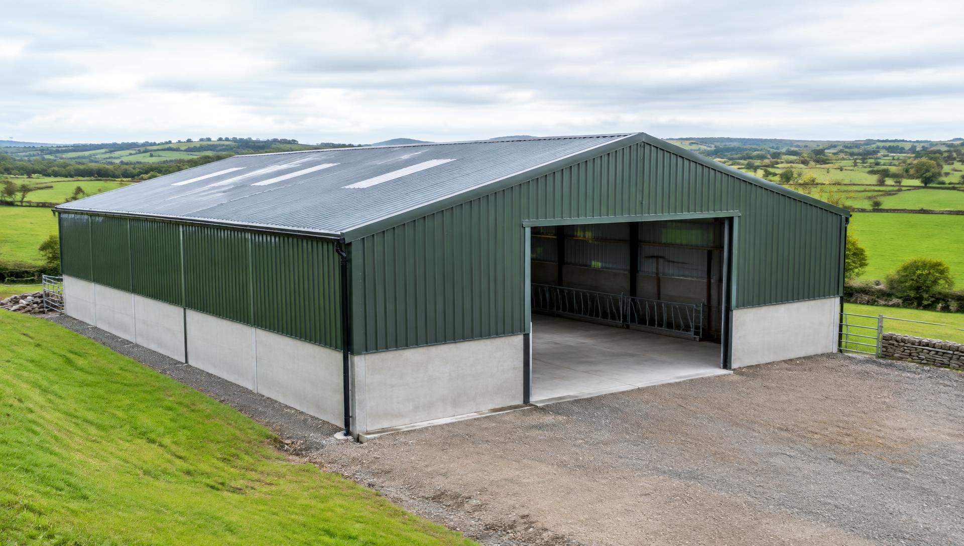 Large maintained agricultural farm shed in the Irish countryside